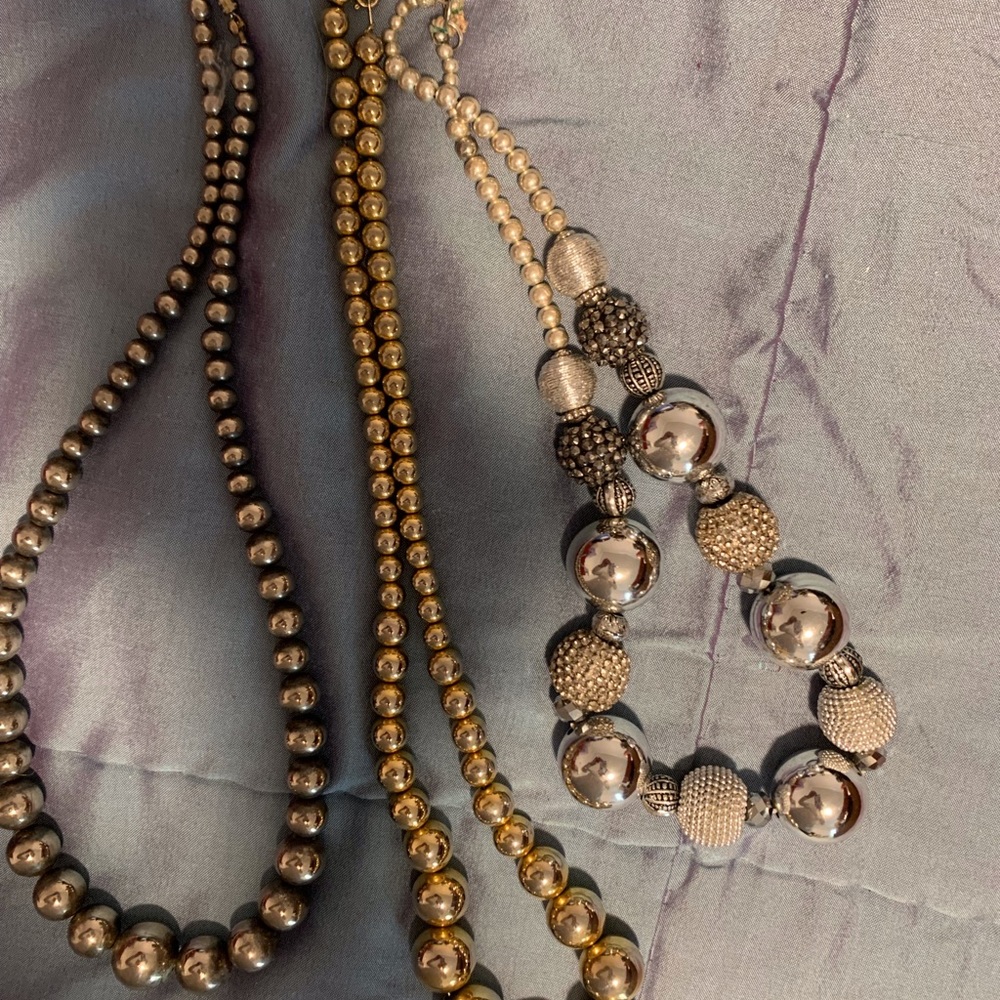 3 Vintage 80’s necklaces, graduated beads. Goldtone, silvertone, silver glitzy.